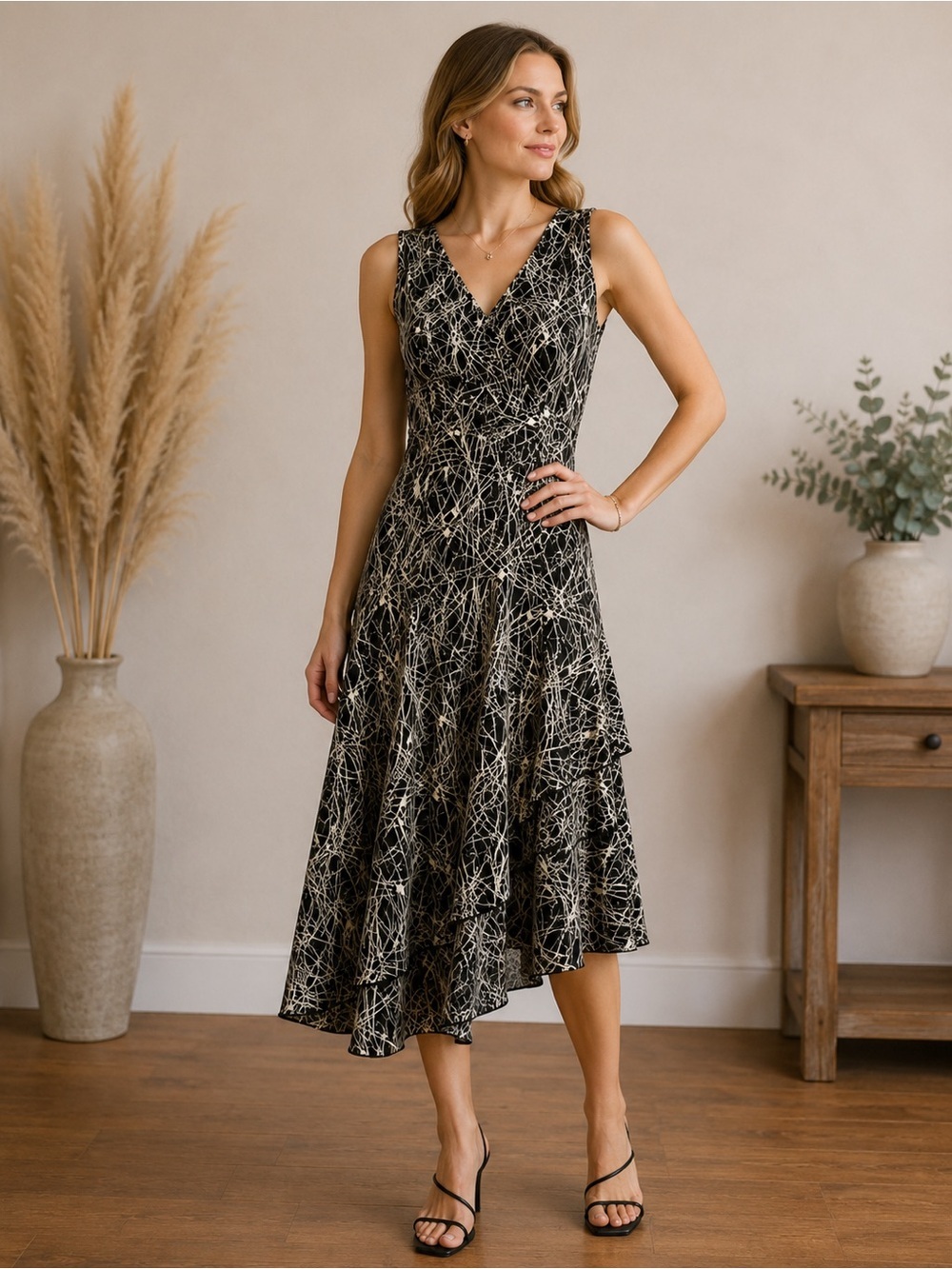 Nine West Dress Size L Black & White Abstract V-Neck Midi Dress